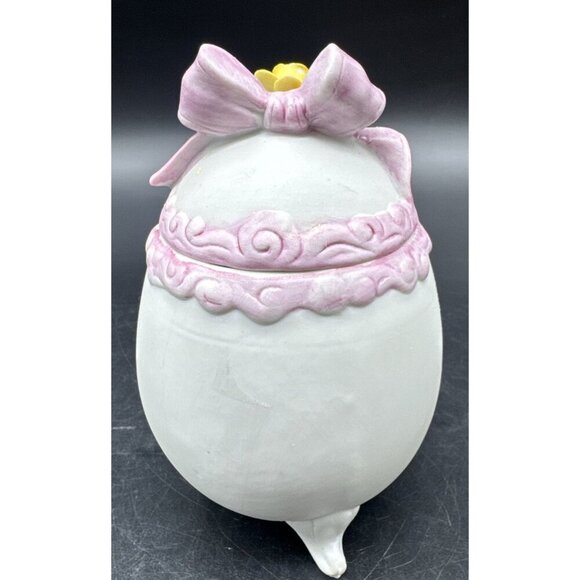 VTG Lefton Bisque Porcelain Yellow Chick Footed Egg Lidded Easter Box Trinket - Picture 3 of 10